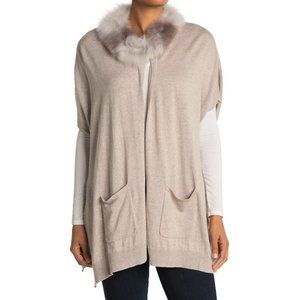 NEW Love Token Women Genuine Fox Fur Trim Cardigan Vest Knit Pocket Oatmeal